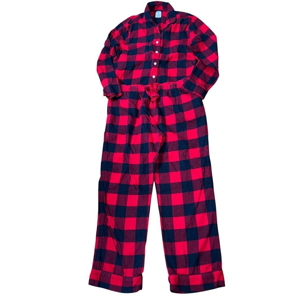 Lands End Buffalo Plaid Flannel Pajamas Red Navy Size M Petite